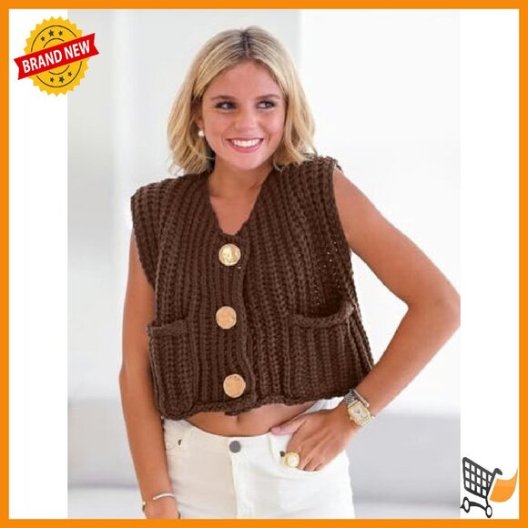 Sleeveless Sweater Vest Cropped Cable Knit Button Front Loose Fit - Picture 4 of 8